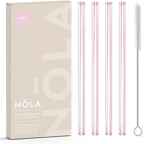 NOLA Juego de 4 pajitas de cristal de alta calidad, incluye cepillo de limpieza, 15 cm de largo, aptas para lavavajillas, cristal especial, para bebidas calientes y frías, té, cócteles, batidos, zumos