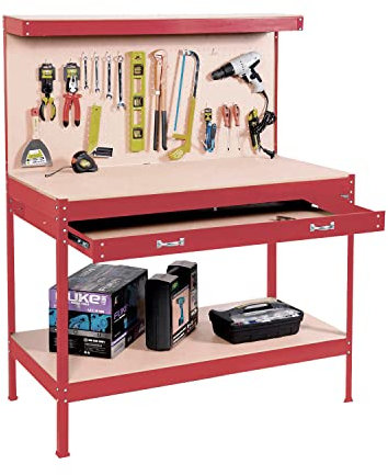 Neo Workbench Metal Steel Work Bench Benches Table Heavy Duty Steel Peg Pegboard Drawer Tool Shed Garage Storage Workshop Woodwork DIY Large (Red)