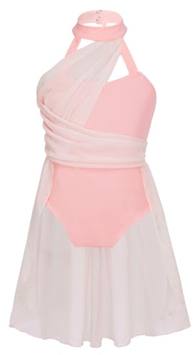 Freebily Abito da Pattinaggio Artistico Bambina Leotards Chiffon Vestito Danza Classica Abito da Ballo Latino Vestito da Balletto Body Ginnastica Artistica Samba Jazz Rosa 5-6 Anni