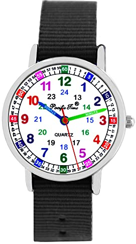 Pacific Time Montre-bracelet pour enfant fille garçon montre d'apprentissage en textile bracelet de rechange analogique à quartz, 10907 - Noir, lanière