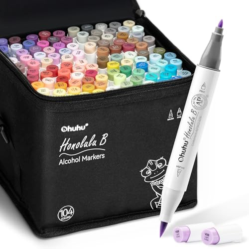 Ohuhu Pennarelli ad Alcool 104 Colori con Doppia Punta (Pennello e Punta Fine) per Artisti Adulti, Colorazione e Illustrazione - 1 Miscelatore Omaggio