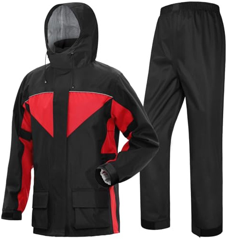 iCreek Motorcycle Rain Suit for Men and Women Waterproof Anti-storm Raincoat High Visibility Rain Gear (Red, L)