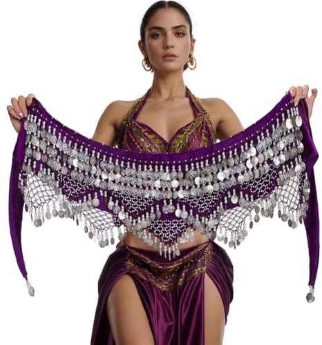 Nimiman Women Triangle Belly Dance Hip Belt with Gold Coins Dance Costume Wrap Skirts (Purple Silver)