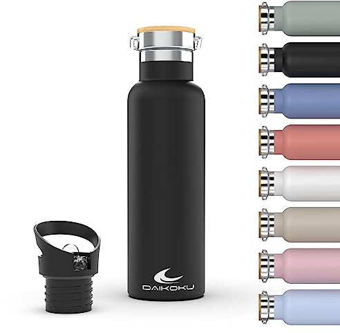 Daikoku Bottle, Doppelwandige Edelstahl-Thermoskanne, Thermoskanne, die das Getränk stundenlang heiß oder kalt hält, zwei Verschlüsse, schwarz, 1 L