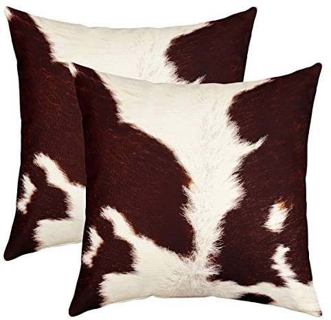 Funda de almohada de piel vaca de 40 x 40 cm, piel vaca occidental, granja, animales salvajes, funda de cojín para casa, sala de estar, funda de almohada reversible, color blanco marrón, juego de 2
