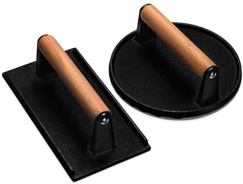 Burger Press, 7 Round & 8.2X4.3 Rectangle Heavy-Duty Cast Iron Smash Bacon Press Meat Steak With Wood Handle for Griddle, Sandwich, Nonstick Pan