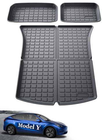 ASZSK halkfria bagagemattor Tesla Model Y 2021 2022 2023, TPE Tesla Model Y Trunk-matta (5 Sits) vattentäta, främre och bakre bagagerumsmattor, svart