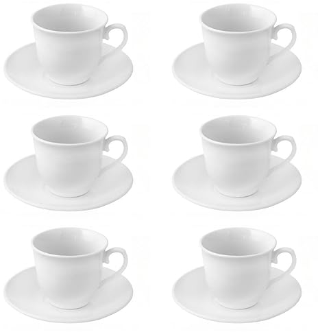 A2ZWORLD Juego de 6 tazas de café expreso blancas con platos, cerámica blanca lavable en lavavajillas, 70 ml apilables (61 x 54 mm moderno)