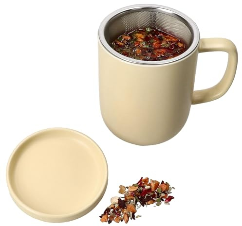 Ritzenhoff & Breker Jasper Teebecher mit Teesieb & Deckel Vanille I 300 ml I für eine Personen I Steingut-Teetasse für losen & Beutel-Tee I zylindrischer Becher alternativ für Kaffee, Kakao & Co
