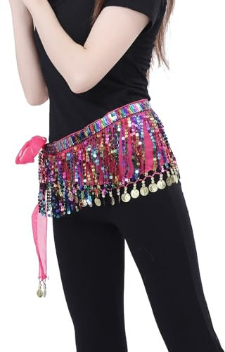 Bailinks Paljetter höfthalsduk för orientalisk dans, chiffongkjol med mynt för magdans, yogalektioner, föreställningar - bälte dans halsduk för kvinnor, röd rosa, 150 cm / 59 pouces