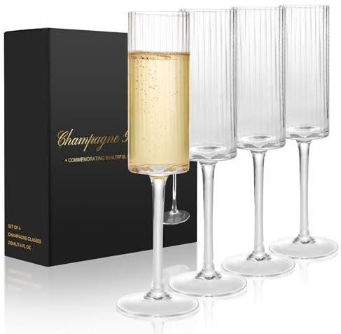 Qulable Champagne Flutes Set of 4 - Elegant Champagne Glasses for Champagne, Prosecco, Wedding Engagement Gifts for Women, 210ml Vertical Stripe Glasses for Anniversary, Christmas (4, Wide Stripe)
