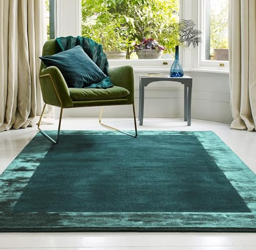 Lord of Rugs Ascot Rug for Living Room Bedroom Soft Wool Plain Hand Woven High Shine Viscose Bordered Rug Aqua Blue Small 80x150 cm (2'6x5')