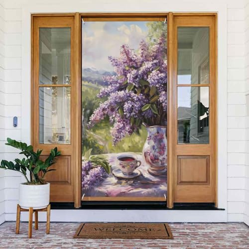 Cubiertas de puerta de Navidad para puerta delantera, divertida tetera de lilas, pintura escénica, cubierta de puerta de otoño e invierno, telón de fondo colgante para exteriores, interiores, porche