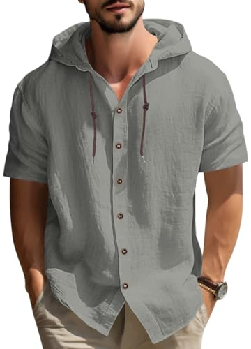 MEDUOLA T-Shirt da Uomo in Lino a Maniche Corte con Cappuccio e Bottoni, Camicia in Lino, Cardigan con Cappuccio L,Grigio