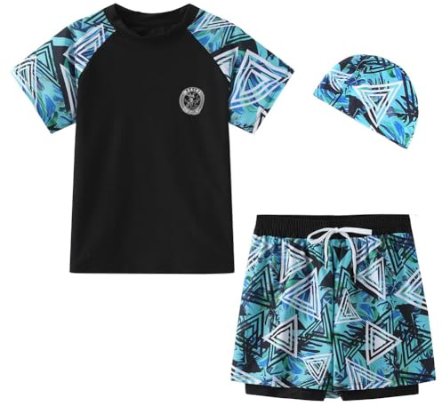FedMois Traje de Baño para Ninos Conjunto de 3 Piezas Camiseta + Pantalones Cortos + Gorro