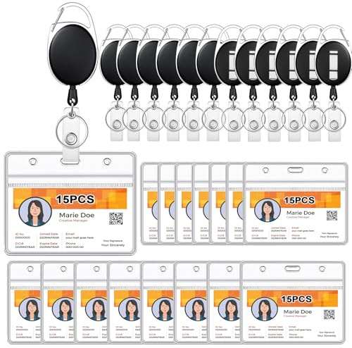 15 Piezas Porta Tarjetas Identificación Horizontal con Clip y Llavero Retráctil, Funda ID con Cordón de Nylon para Cinturón, Oficina, Personal Médico
