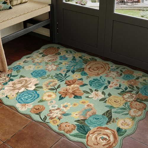 HUGEAR Green Door Mat Washable Flower Area Rug 60x90cm Entrance Doormats Floral Non Slip Modern Boho Natural Small Carpet Bedroom Bedside Office Dining Room Kitchen Low Pile Carpets