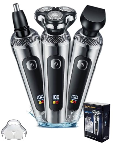 3 in 1 Rasoio Elettrico Barba Uomo, Tagliacapelli e Rifinitore Naso, Display LED, Indicatore Batteria, Anti-pizzicamento, Rasoio Preciso e Confortevole, Regalo Perfetto per Uomo