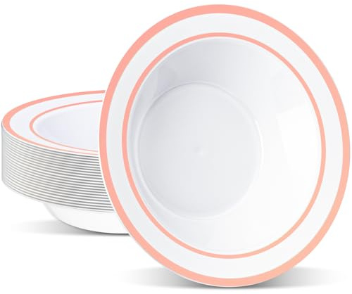 Goodluck 25 Pack Plastic Bowls with Rose Gold Rim,340ml/12oz Reusable Soup Bowls, Heavy Duty Dessert Bowls for Weddings, Parties, Dinners, Catering, Thanksgiving and Everyday Use