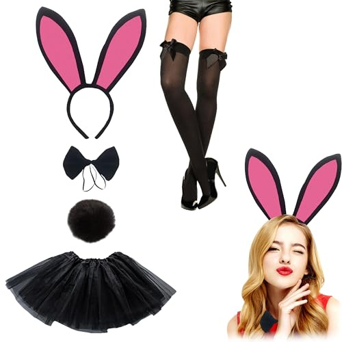 PYSEOSISE Costume de Lapin Femmes, 5 Pièces ccessoire de Déguisement de Lapin, Oreilles Serre-Tête Queue etNœud Papillon Tutu Bas Résille pour Cosplay Fetes
