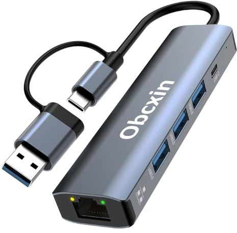 Hub USB 3.0 USB C Ethernet 5 in 2, Adattatore USB Ethernet Gigabit RJ45，Hub Ethernet LAN con 3 Porte USB 3.0 e Ricarica Tipo C PD,Connessione Stabile e Compatibile per Windows、XP、MAC、Linux、MacBook、