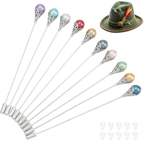 BENECREAT 10 Pcs Pearl Hat Pin, Glass Pearl Brooch, 10 Colors Brass Pin Stick Vintage Safety Pins Brooches for Tie, Scarf, Western Cowboy Hats, Hair Accessories, 12.3cm/4.8 Inch