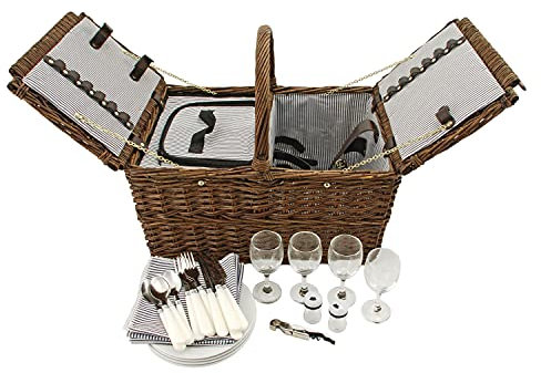 Twine Cape Cod Wicker Basket with Insulated Compartments, Service for 4 – Includes Silverware, Plates, Napkins, Wine Glasses, Shakers, and Corkscrew, Perfect for Picnic, Outdoor Party