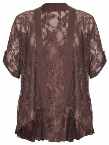 Womens Floral Lace Short Turn Up Cuff Sleeve Ladies Waterfall Front Open Cardigan Top Plus Size