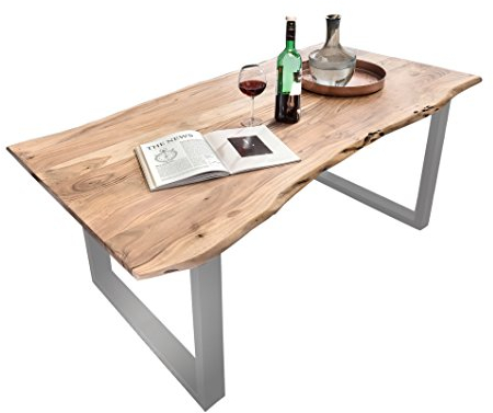 SalesFever Esszimmertisch Salito aus Massiv-Holz 160x85 cm | echte Baumkante | U-Gestell in Silber | Naturfarben | Akazie ESS-Tisch