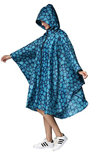 Womens Rain Poncho Stylish Polyester Waterproof Raincoat Free Size with Hood Zipper (Blue Flower)