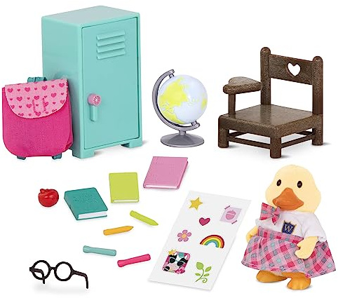 Li’l Woodzeez – Set scuola – Set giocattolo da 16 pezzi con personaggio animale, mobili e accessori scolastici – Mini figurine e playset per bambini dai 3 anni in su