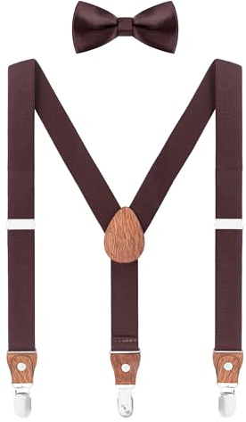 WANYING Set di Bretelle e Papillon per Bambini Bambine da 2 a 8 anni, Forma a Y Larghezza 2,5 cm Bretelle 3 Clip Elastiche - Tinta unita Marrone scuro con papillon