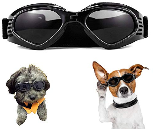 WELLXUNK Gafas de Sol para Perros, Perro Gafas para Perros pequeños y medianos Impermeable Plegable Protector Ocular Protección UV Antivaho (Negro)