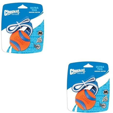 Chuckit! Ultra Tug Gr. M | Doppelpack | 2 x 6 cm | Spielball für Hunde mit Wurfkordel | Robust und schwimmfähig | Aus natürlichem Kautschuk mit hervorragenden Sprungeigenschaften