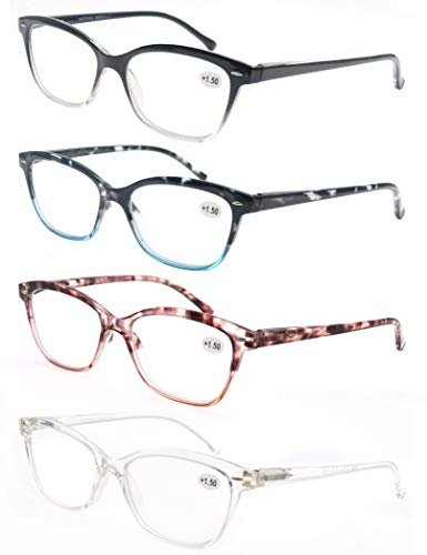 MODFANS Lot de 4 Lunettes de Lecture 1.25 Femme,Lunettes Loupe Monture Legere Branches a Ressort,Lunettes de Vue Noir-Bleu-Rose-Transparent