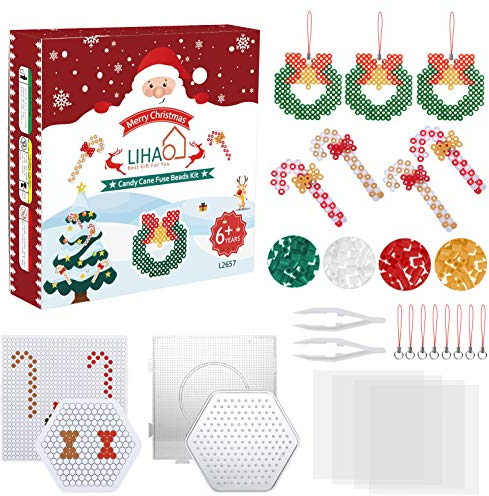 LIHAO 5mm Bügelperlen Weihnachten Platten Steckperlen Set mit Steckplatte Zubehör Kränzchen Zuckerstangen Schleife Muster in Geschenkpackung als Kinder Geschenk