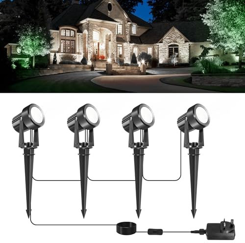 NATPOW Garden Spot Lights Mains Powered, Outdoor Landscape Spotlights 12W, LED 4-in-1 Spike Lights with Adapter, IP65 Waterproof 5V LED Garden Spike Light for Lawn, Pathway, Yard (6000K)