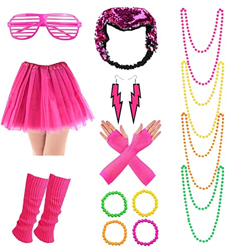 BOZILY 80er Jahre Outfit Kleidung Damen Set 80er Jahre Kostüm Accessoires mit Stirnband Netzhandschuhe Ohrringe Armband Halsketten Kleidung Brille Beinstulpen Haarbänder für Party Mädchen Kinder Rosa