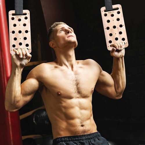 POWRX Klimmzugstange aus Holz - Fingerboard Klettern Camping Zubehör - Tragbares Hangboard - Griffverstärkung mit Paschen und Kanten - Herren-Hosenträger für drinnen und draussen