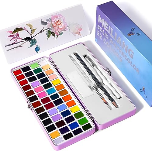 MeiLiang Aquarellfarben-Set 52 Farben in halben Pfannen mit Zeichenstift, Pinsel, 5 Aquarellpapier, Schwamm, schwarze Zeichenstifte, Kunstzubehör für Kinder und Erwachsene Reise Aquarell & lila Box