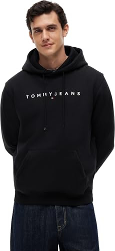 Tommy Jeans Sudadera Hombre Linear Logo con Capucha, Negro (Black), L