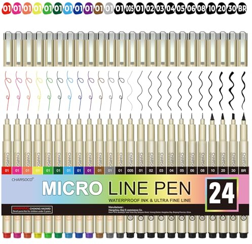 CHARSOCO 24er Fineliner Set - 0,23mm Präzisionsfineliner mit wasserfester Archivtinte | 12 Farben & 12 Schwarz | Für Künstler, Manga, technische Zeichnungen, Schule & Design