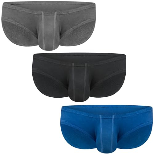 Real Men Ares-Accent Low-Rise Pouch Bikini Brief – 1, 3, 6 Pack with Size ABCD Pouch XS - 5XL, 3 Pack- Black/Blue/Gray, L