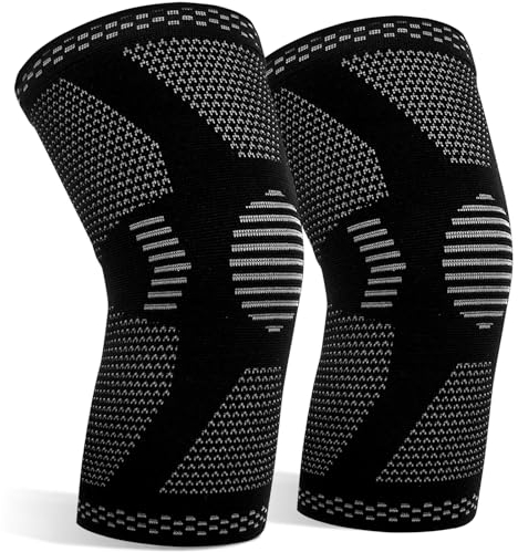 Quelcc 2 Pack Kniebandage Set, Kompression Kniestütze für Meniskusriss, Kniestütze für Damen und Männer, Rutschfeste Atmungsaktiv für Kniescherzen Lindert, Sport, Schwarz, XL