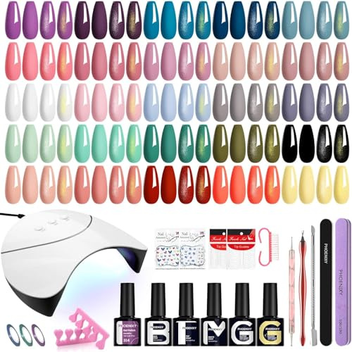 Phoenixy 25 Colores Uñas Semipermanentes Kit Completo con U V/LED Lámpara Kit Uñas Semipermanentes con Base y 4 Top Coat, Azul, Verde, Nail Art en Casa