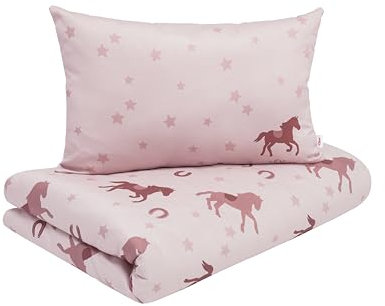 s.Oliver Kinderbettwäsche Junior Pferde 100 x 135 cm - 100% Baumwolle, Reißverschluss, anschmiegsam, weich & waschbar, Mako Satinbettwäsche Pferdemotiv rosa