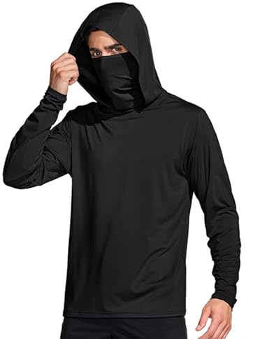 SHEKINI Men's Rash Guard Long Sleeve Quick Drying Hoodie Sweatshirt with Mask(Black,M)