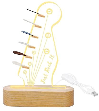 DAWRIS Support de médiator lumineux en acrylique LED en forme de tête de guitare avec base en bois pour ranger et présenter des médiators - Cadeau pour les amateurs de musique, les guitaristes et les