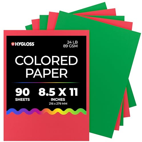 Hygloss 90 Sheets Holiday Christmas Colored Paper - 8.5x11-Inch Red and Green Letter Size Color Copy Paper - 24 lb/ 89 GSM, Acid-Free, Fade-Resistant