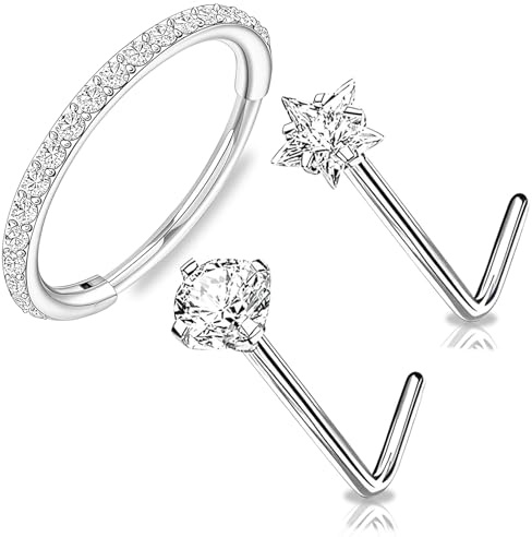 HZHSGLY Titanium Nose Ring 3 PCS Set Hypoallergenic Body Piercing, 20G 8mm Nose Hoop and 2 L-Shaped Nose Studs, Helix Piercing Jewellery for Women Men